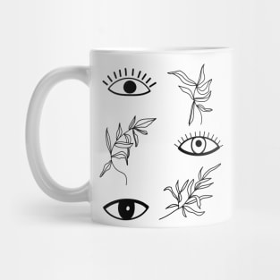 Seamless pattern with eyes and leaves. Psychedelic eyes. Mug